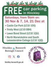 Free Parking - Saturdays in Hinckley - from 30th November until Christmas